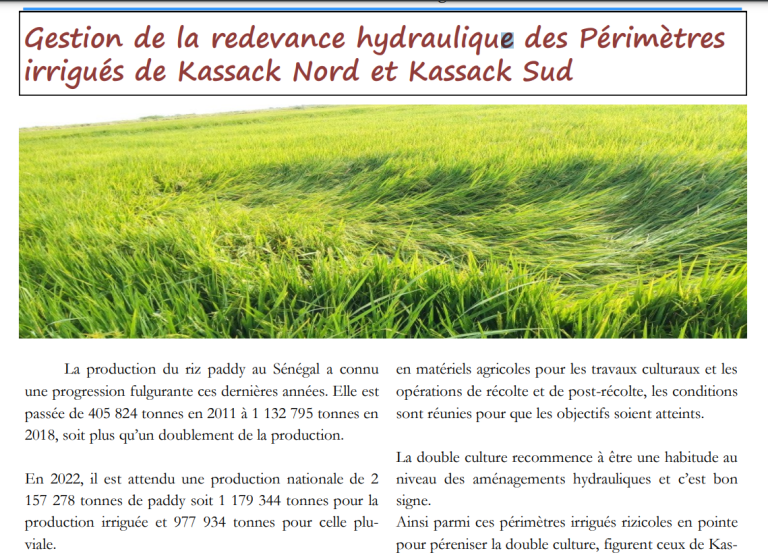 Gestion de la redevance hydraulique des Périmetres irrigues de Kassack ...